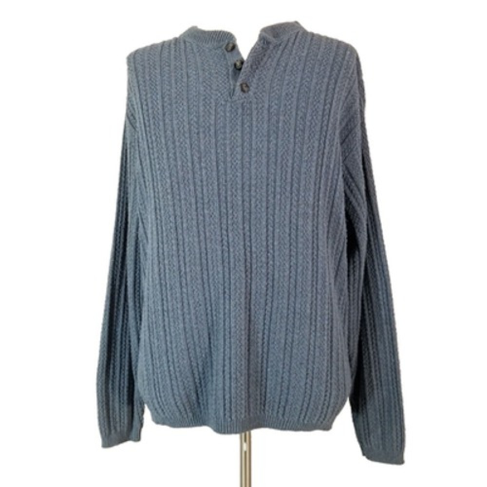 Bill Blass Henley sweater men's XL extra large Blue thick heavy cable fisherman